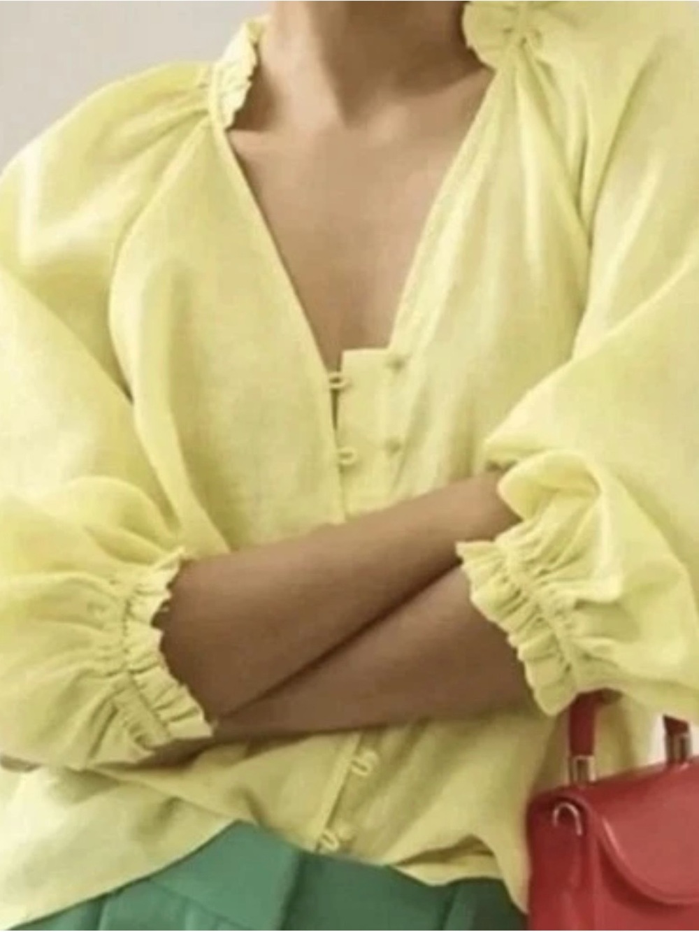 Anthropologie Light Yellow Puff-Sleeve Button Blouse